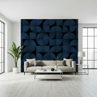 Full room view featuring the vibrant Mid-Century Blue Stone Wall Mural.
