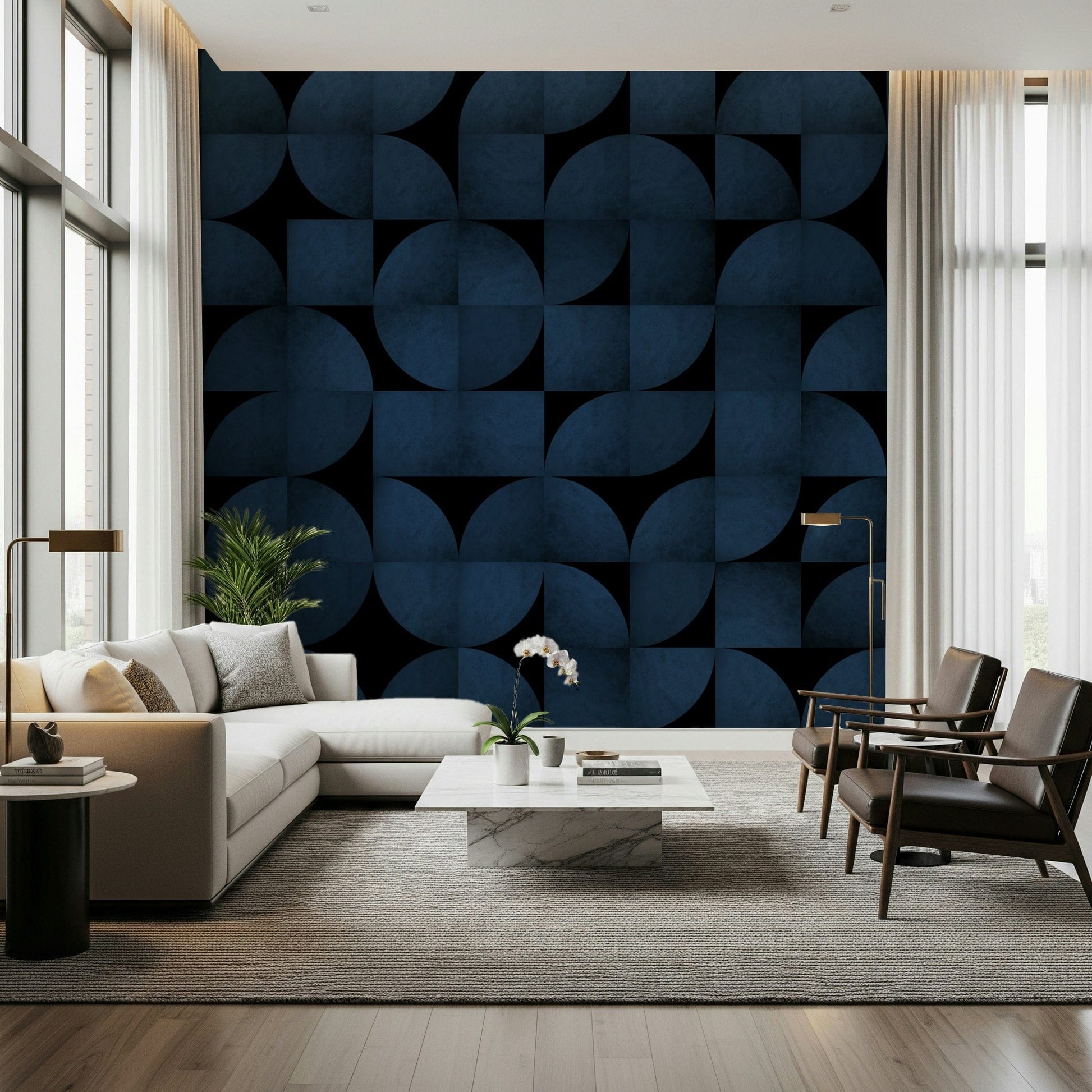 Mid-Century Blue Stone Wall Mural adding geometric flair to a study.