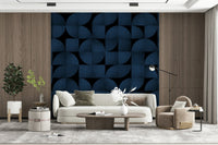 Retro-inspired dining area featuring the Mid-Century Blue Stone Wall Mural.