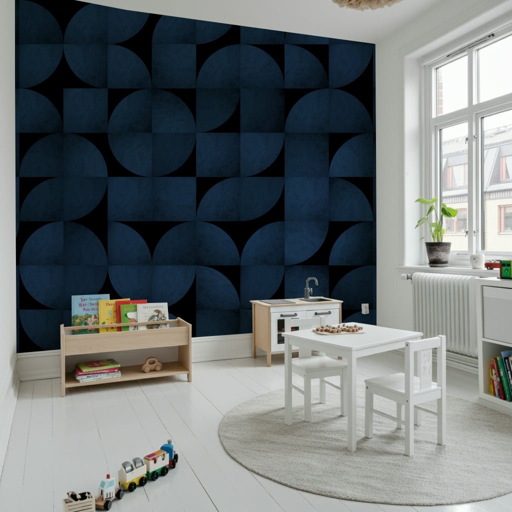 Mid-Century Blue Stone Wall Mural accent wall behind a sofa.
