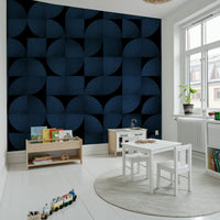 Mid-Century Blue Stone Wall Mural accent wall behind a sofa.