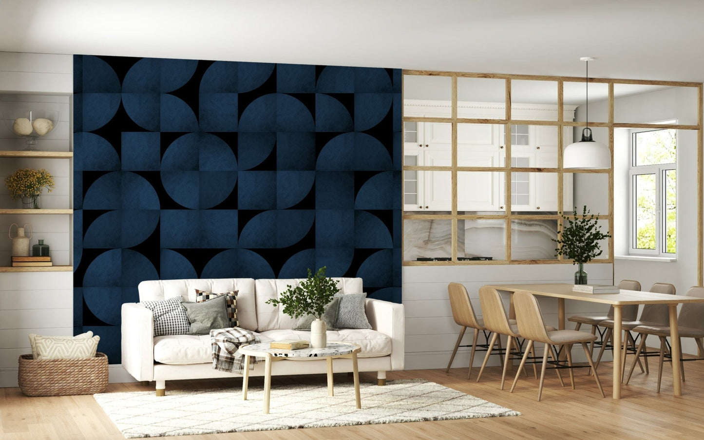 Designer bedroom wall with the textured Mid-Century Blue Stone Wall Mural.