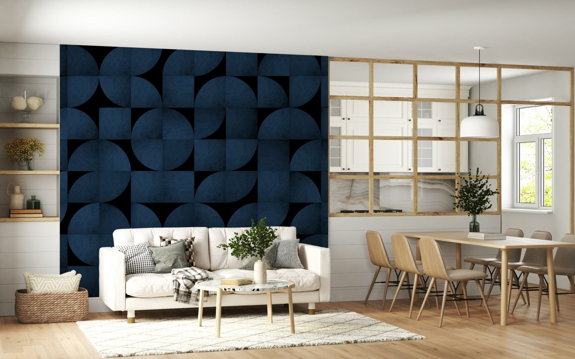 Designer bedroom wall with the textured Mid-Century Blue Stone Wall Mural.