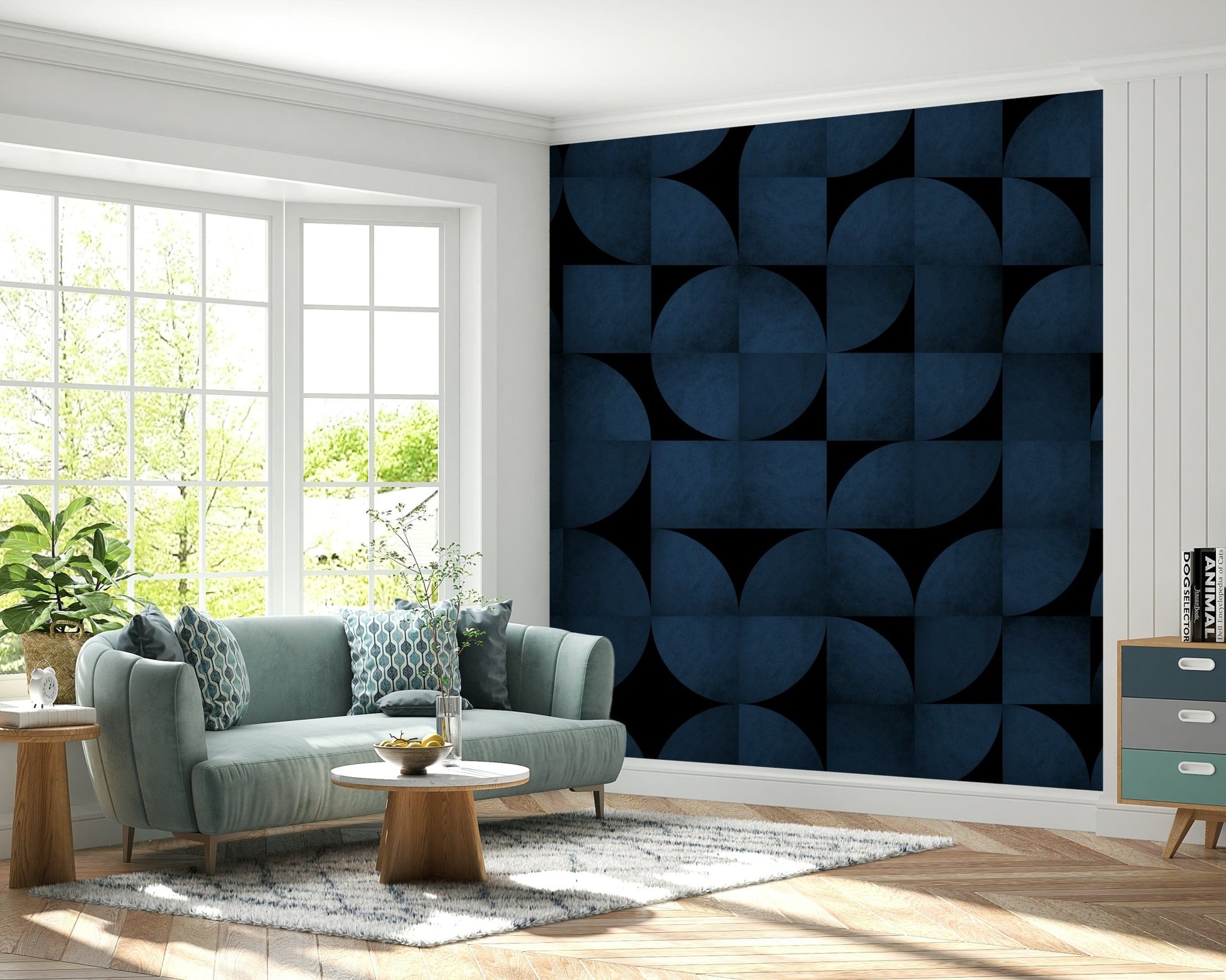 Stylish apartment interior with the Mid-Century Blue Stone Wall Mural.