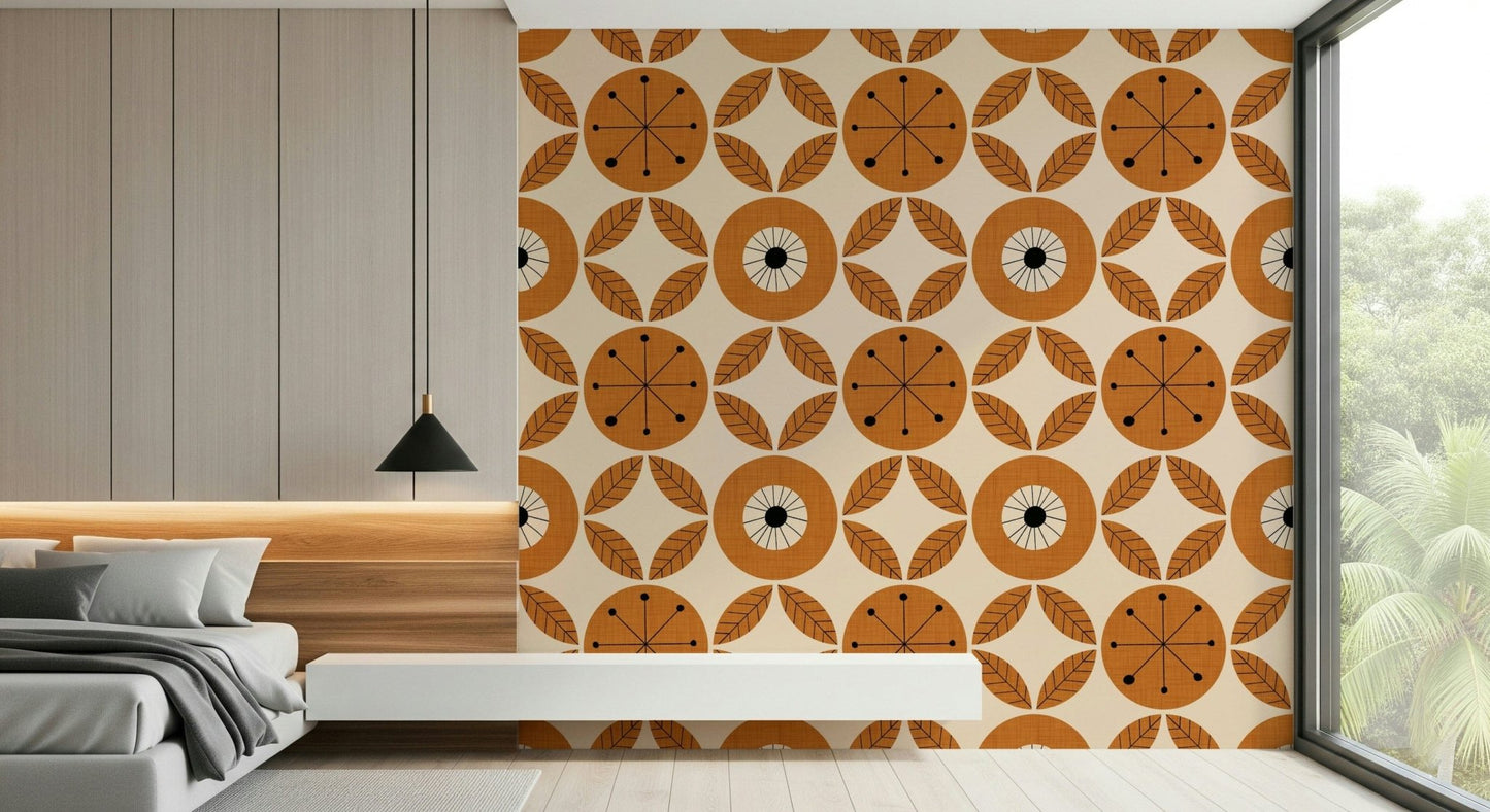 Bohemian style Mid-Century Charm Wallpaper with leaf elements.