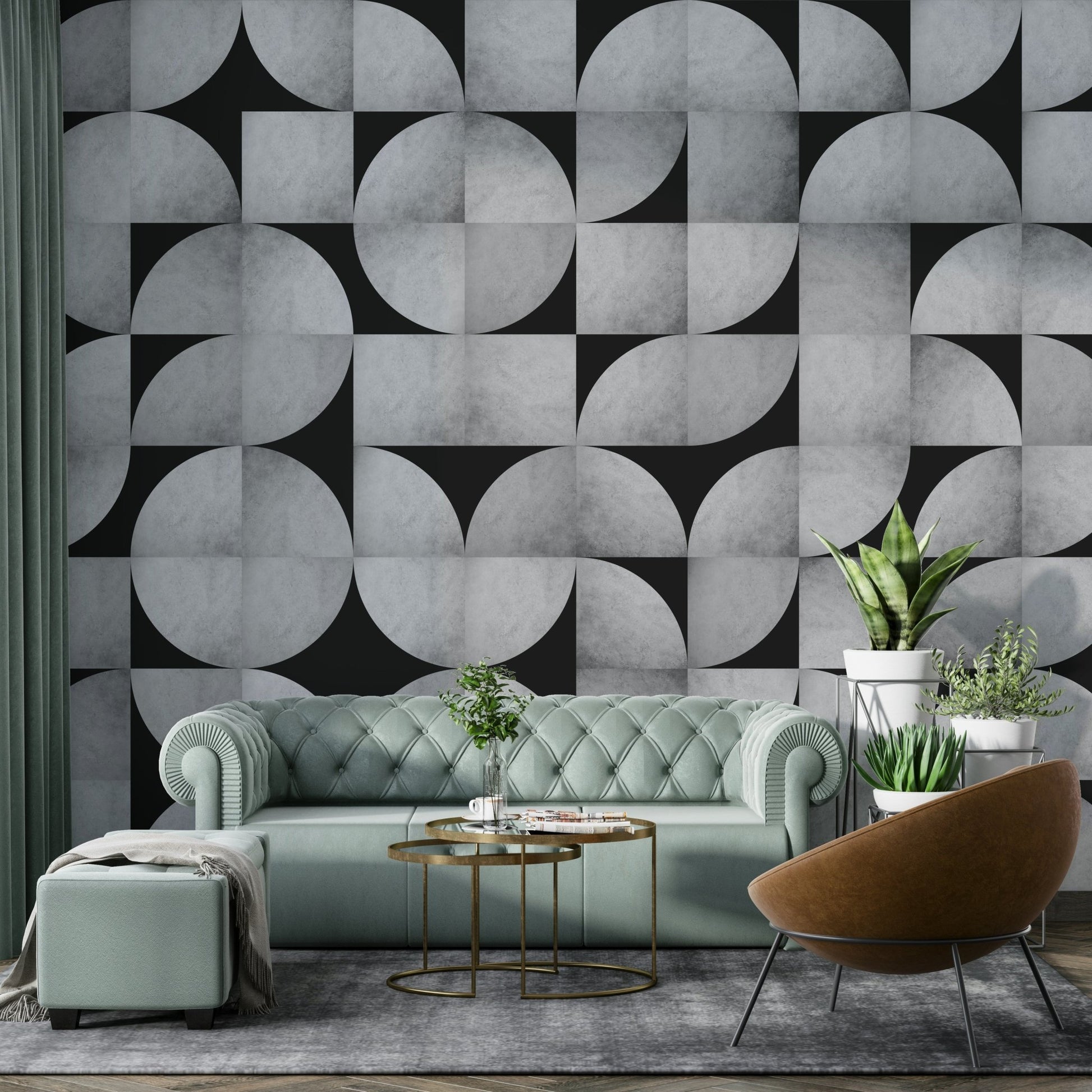 Stylish mid-century wall mural with concrete mosaic.

