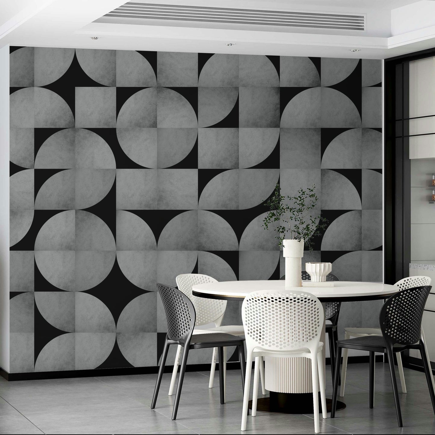 Concrete mosaic mural with mid-century design.

