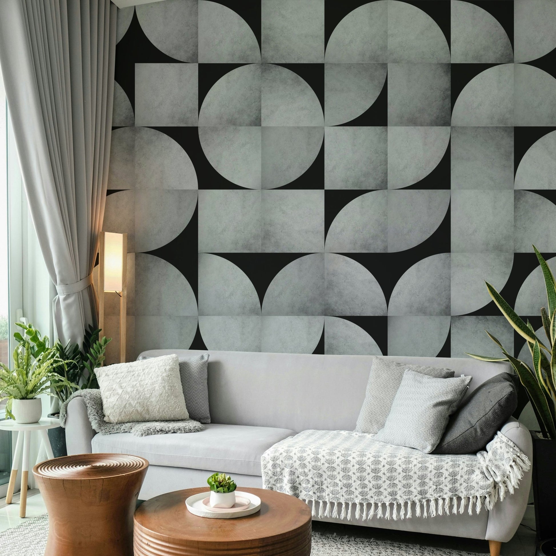 Abstract concrete mosaic mural in mid-century style.

