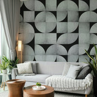 Abstract concrete mosaic mural in mid-century style.

