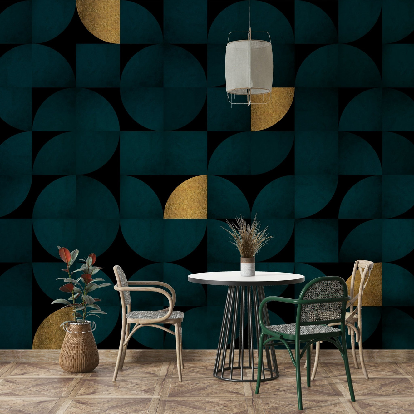 Elegant Mid-Century Dark Teal Gold Wall Mural

