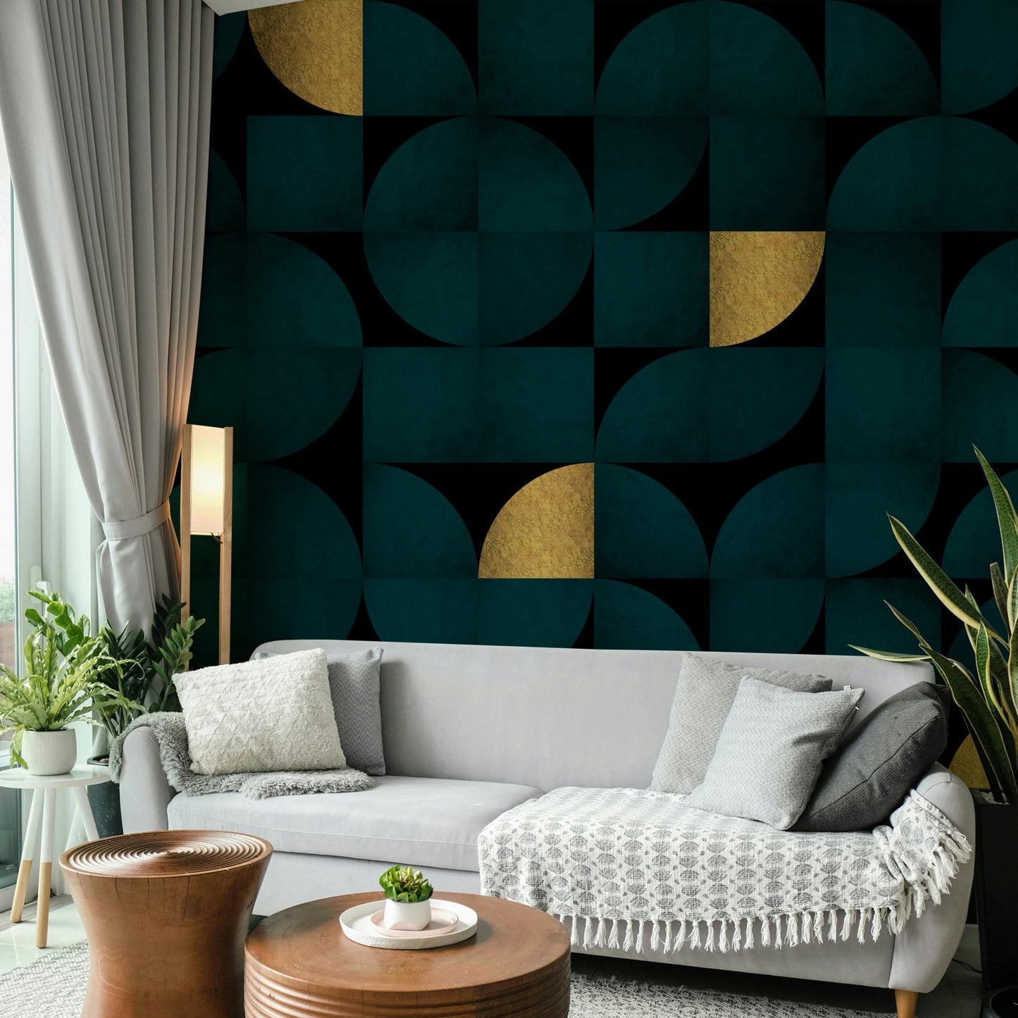 Sophisticated Dark Teal Gold Wall Mural for Interiors

