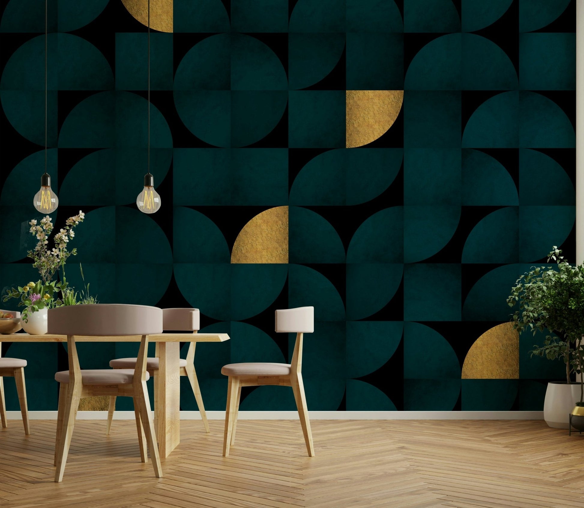 Mid-Century Modern Dark Teal and Gold Wallpaper

