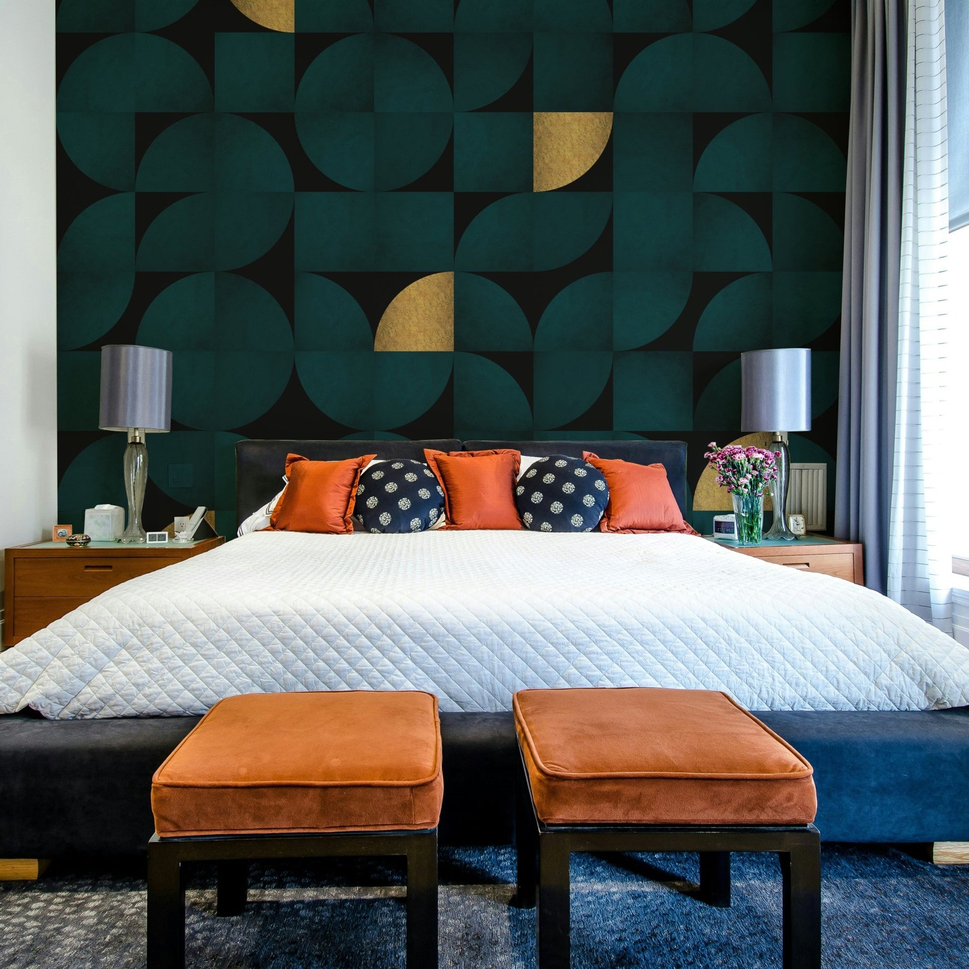 Gold Accent Mid-Century Mural in Dark Teal Shade

