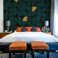 Gold Accent Mid-Century Mural in Dark Teal Shade

