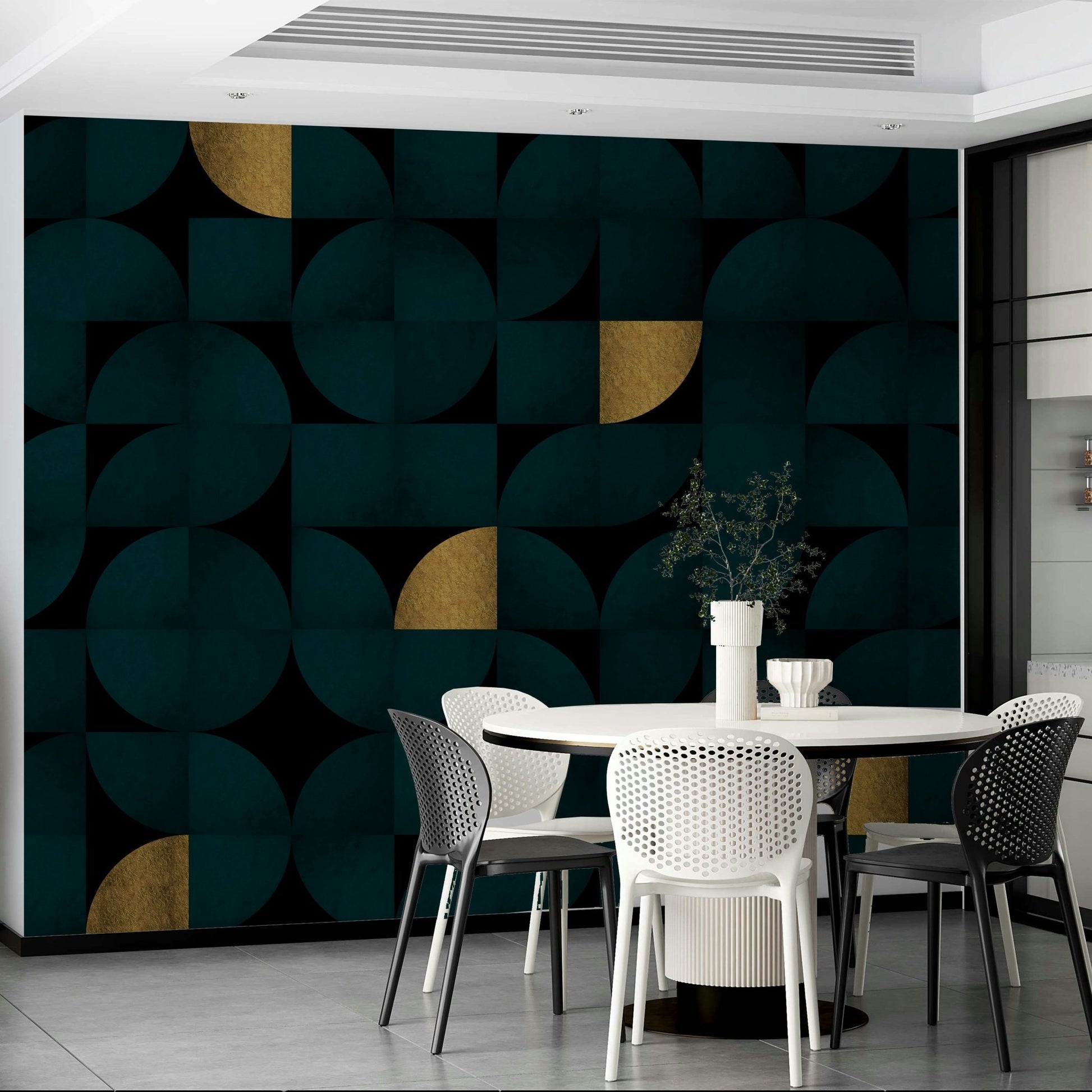 Chic Teal Gold Wall Mural in Mid-Century Style

