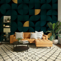Mid-Century Style Teal Gold Wallpaper for Living Room

