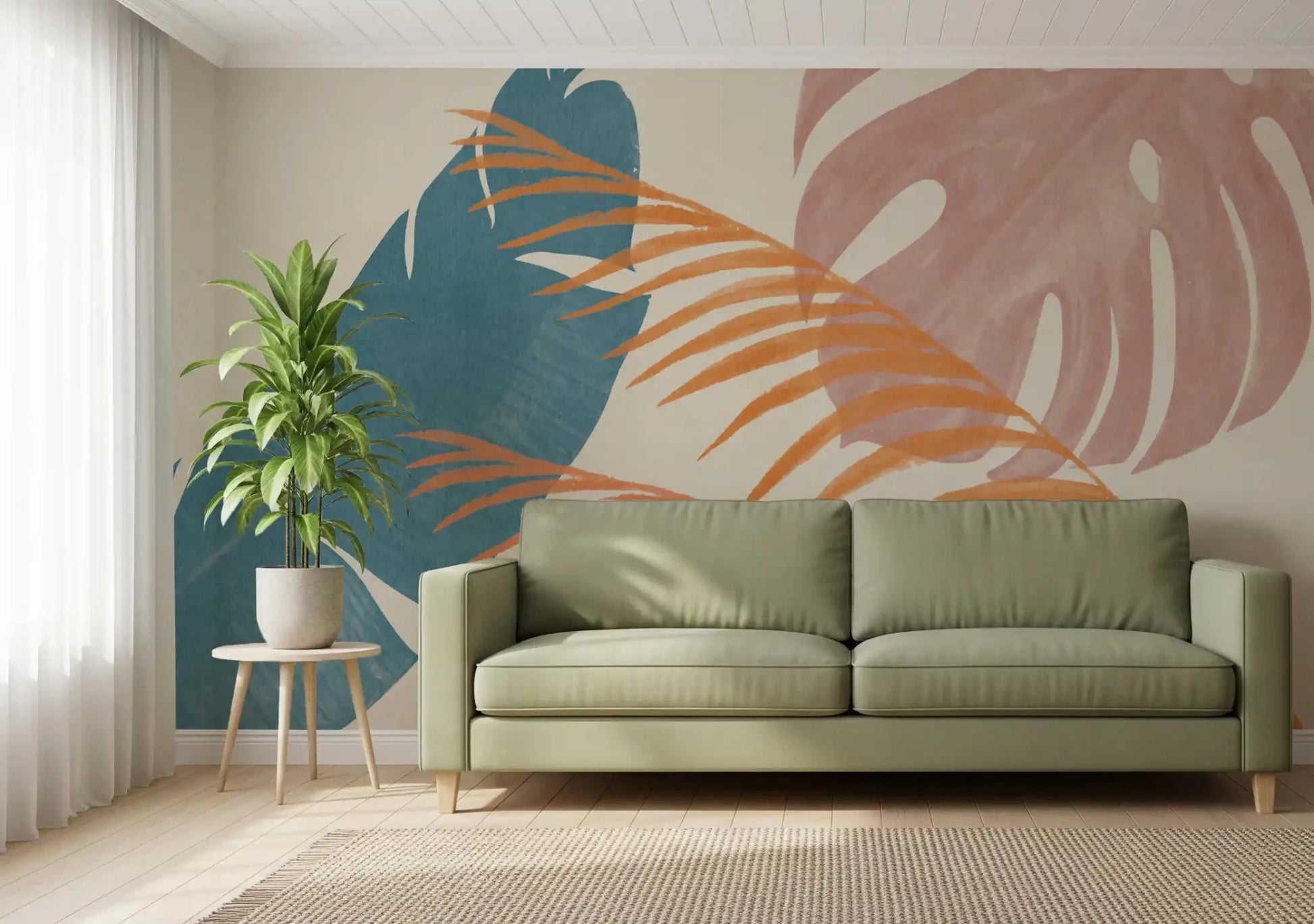 Abstract botanical wall mural with blue leaf, mauve monstera, and terracotta frond