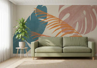 Abstract botanical wall mural with blue leaf, mauve monstera, and terracotta frond