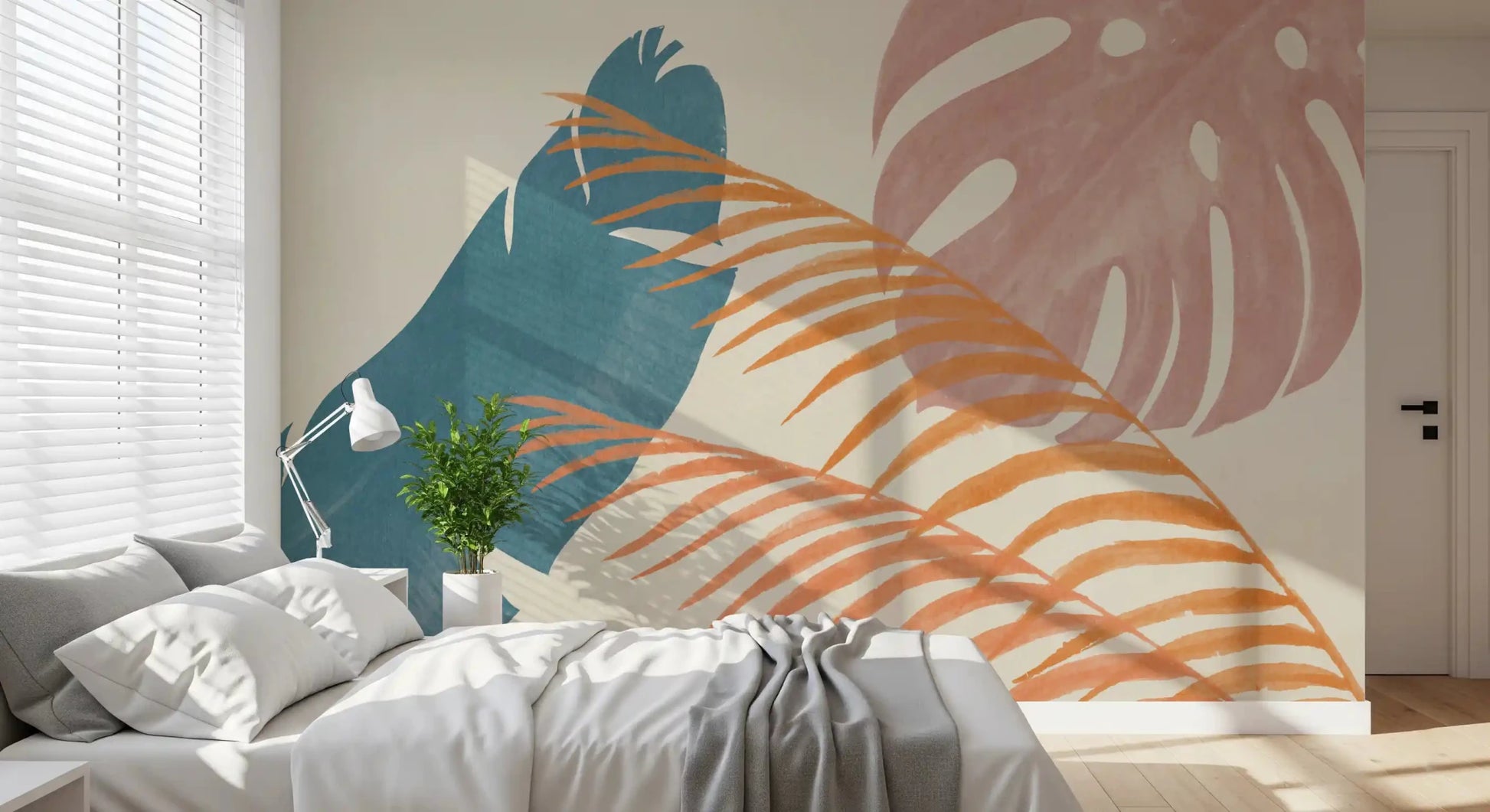 Soft abstract leaf wall mural with earthy mid-century palette and flowing composition