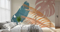 Soft abstract leaf wall mural with earthy mid-century palette and flowing composition