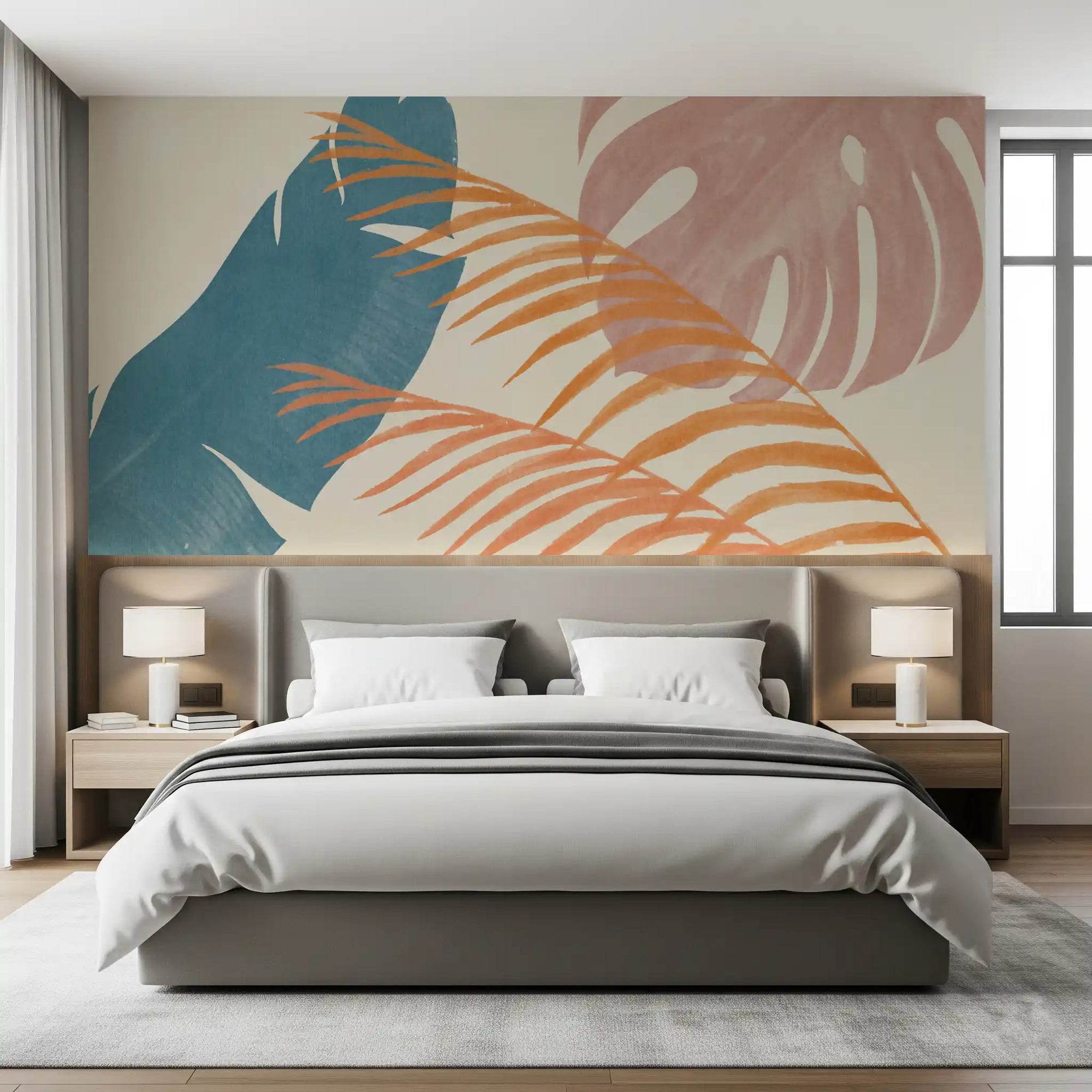 Bedroom styled in Mid-Century Foliage Flow wall mural with abstract leaf pattern, GD9381
