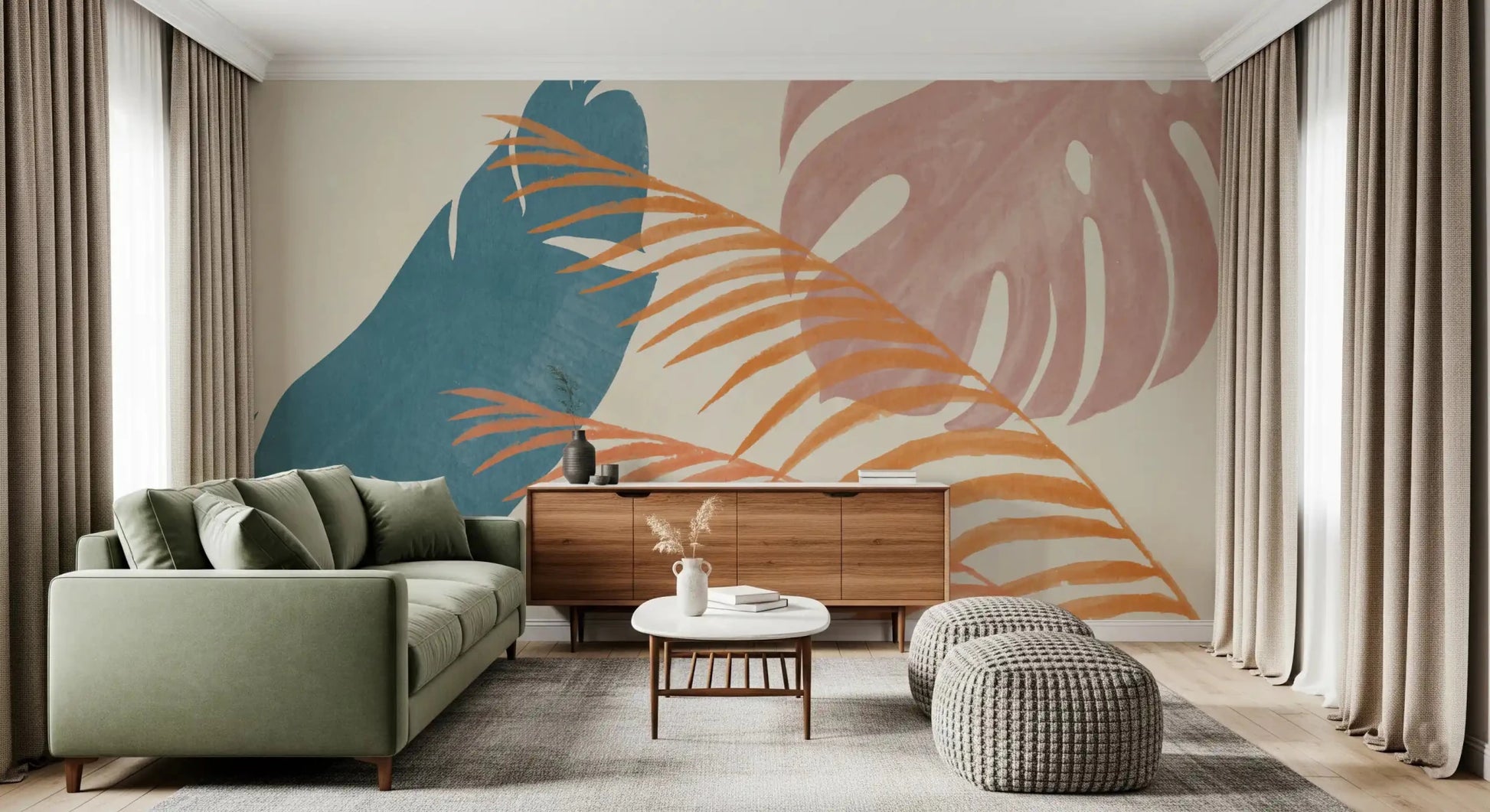 Living room with Mid-Century Foliage Flow wall mural in muted botanical tones