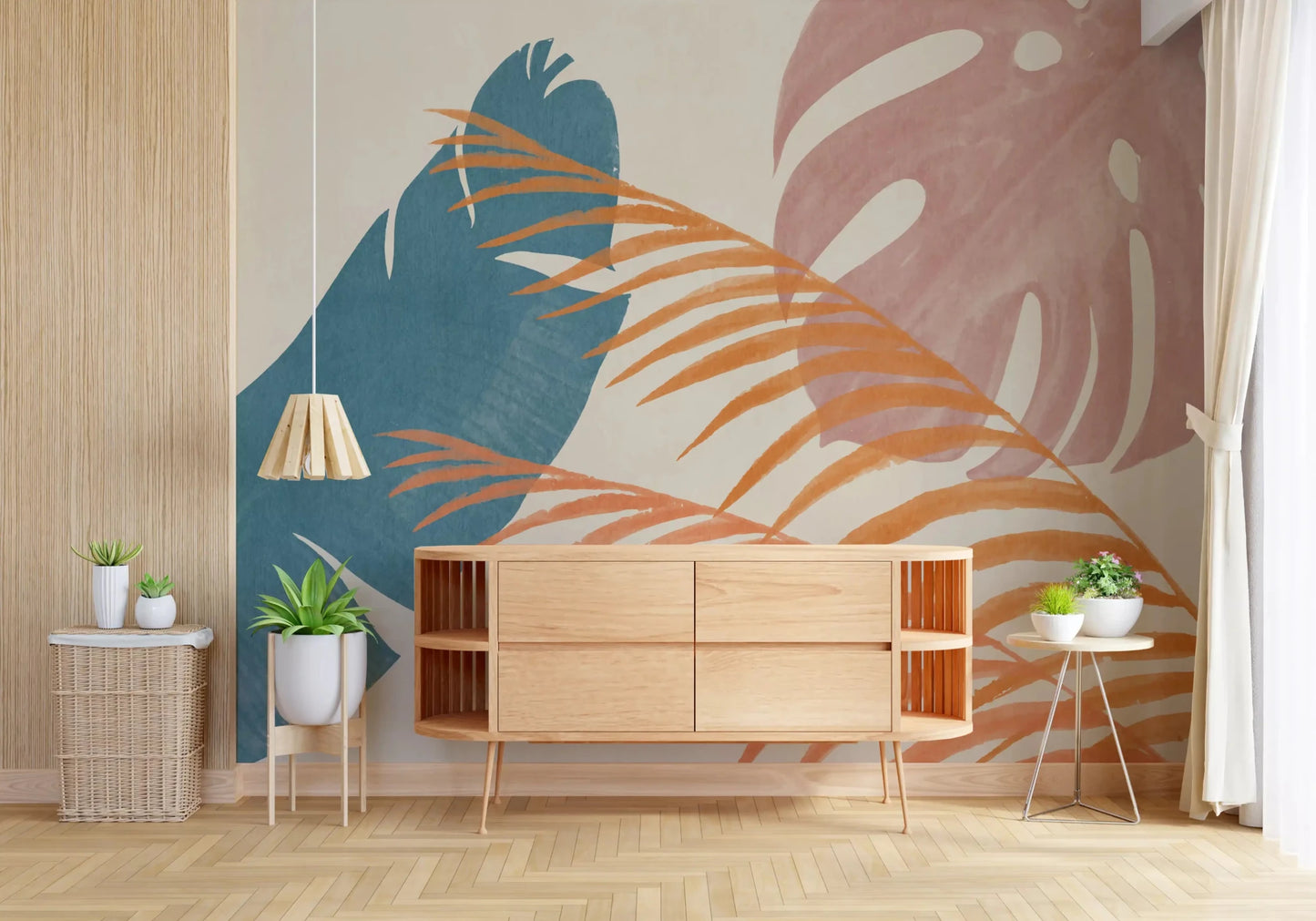 Mid-century leaf wall mural with painted tropical forms on a light neutral base