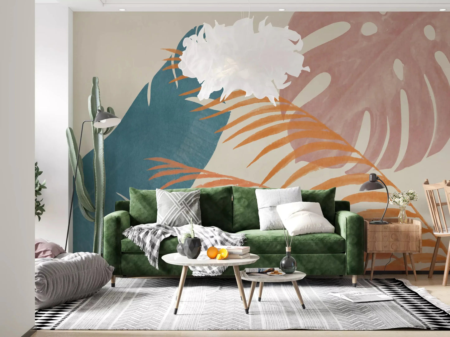Artistic foliage wall mural showing layered palm and monstera shapes in soft color