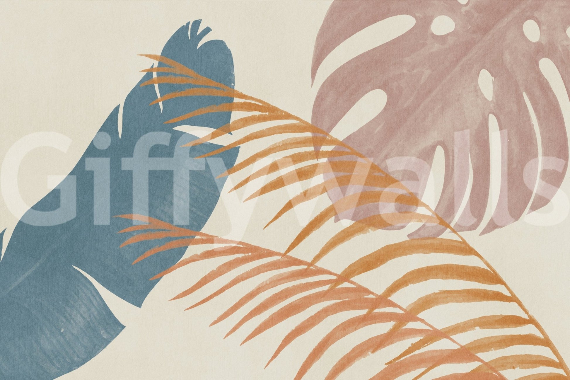 Decorative foliage wall mural with hand-painted tropical shapes and calm visual texture