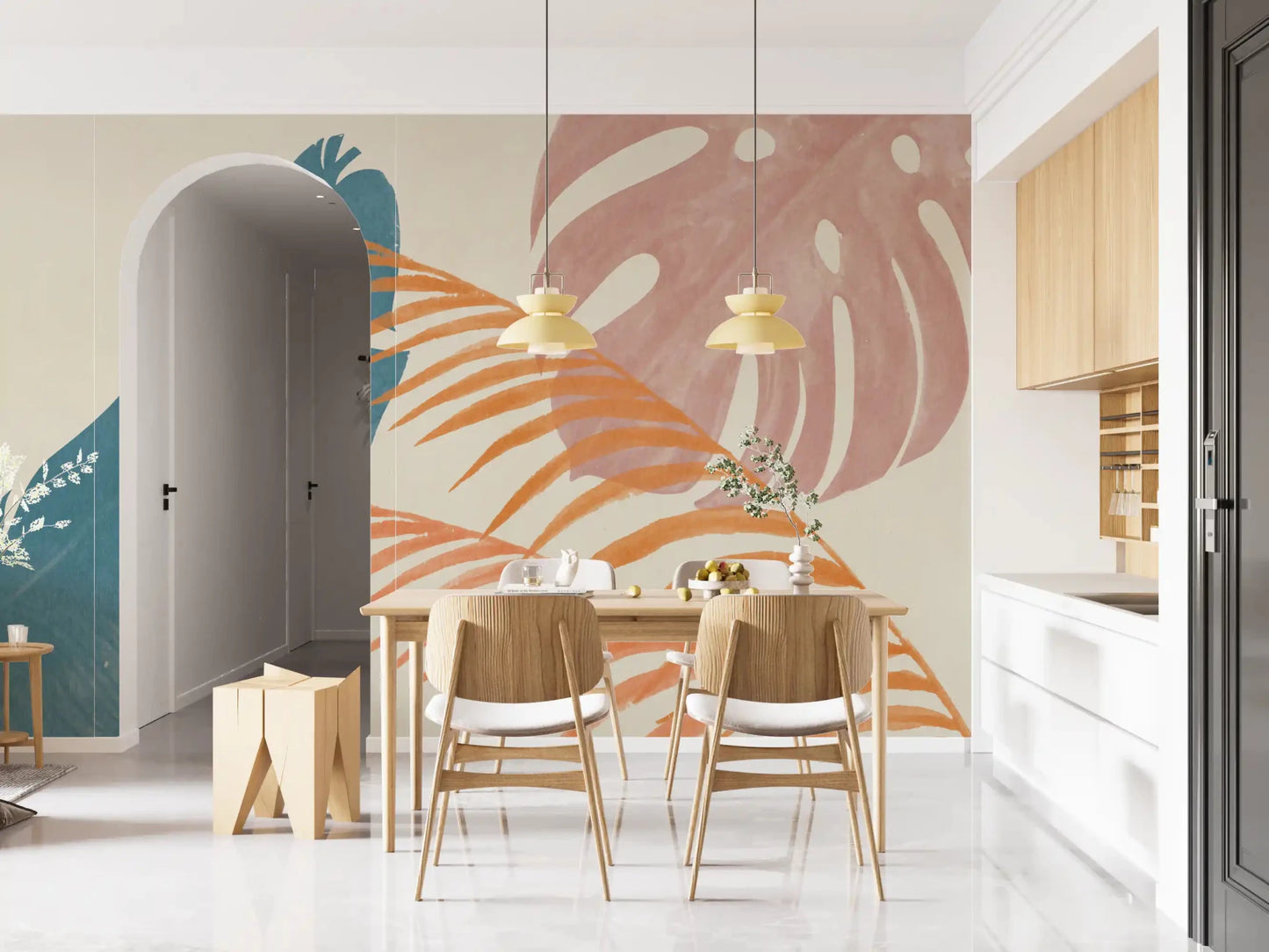 Modern botanical wall mural with airy leaf silhouettes and vintage-inspired styling
