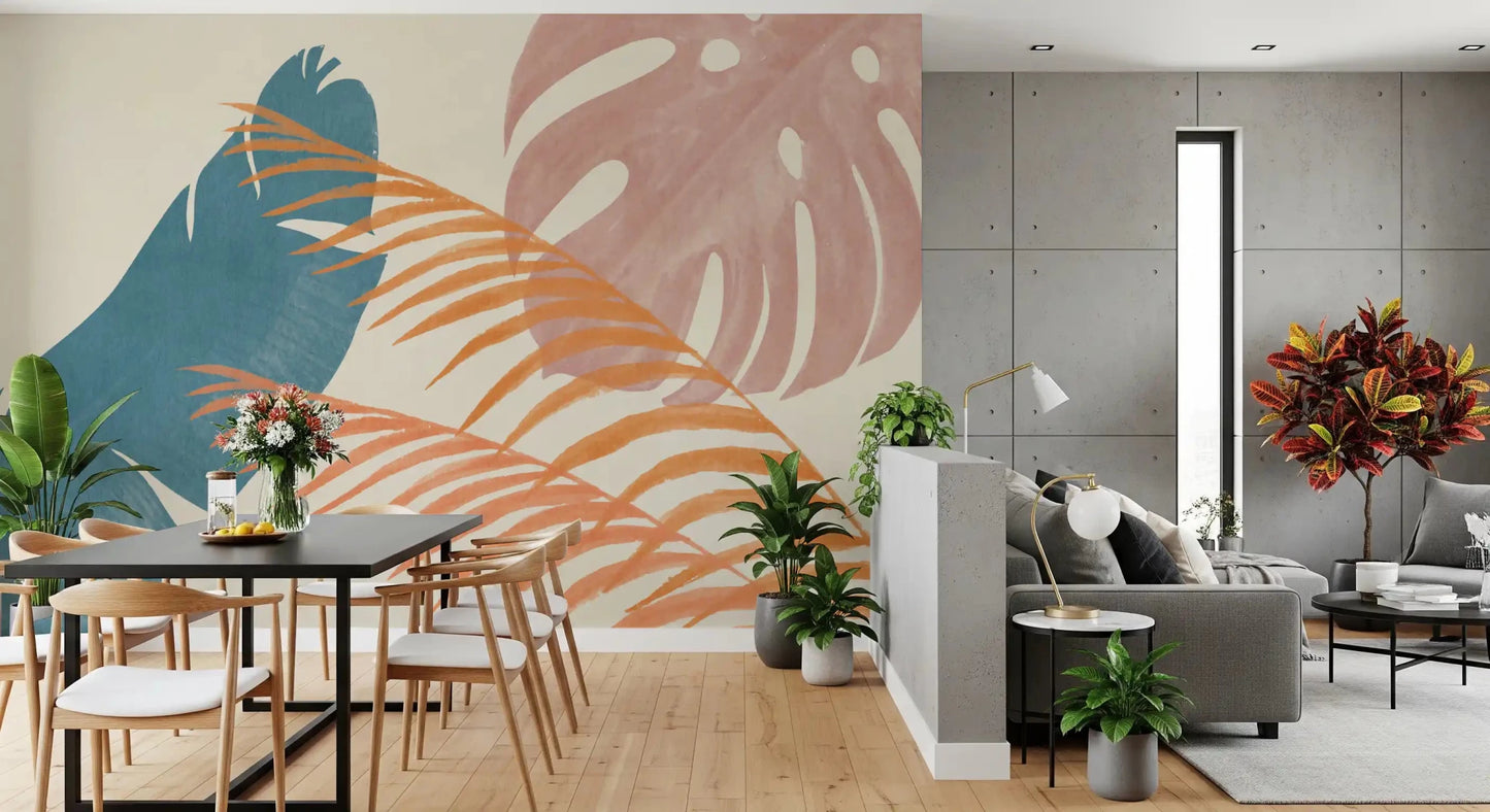 Dining area wall with Mid-Century Foliage Flow wall mural and earthy leaf artwork