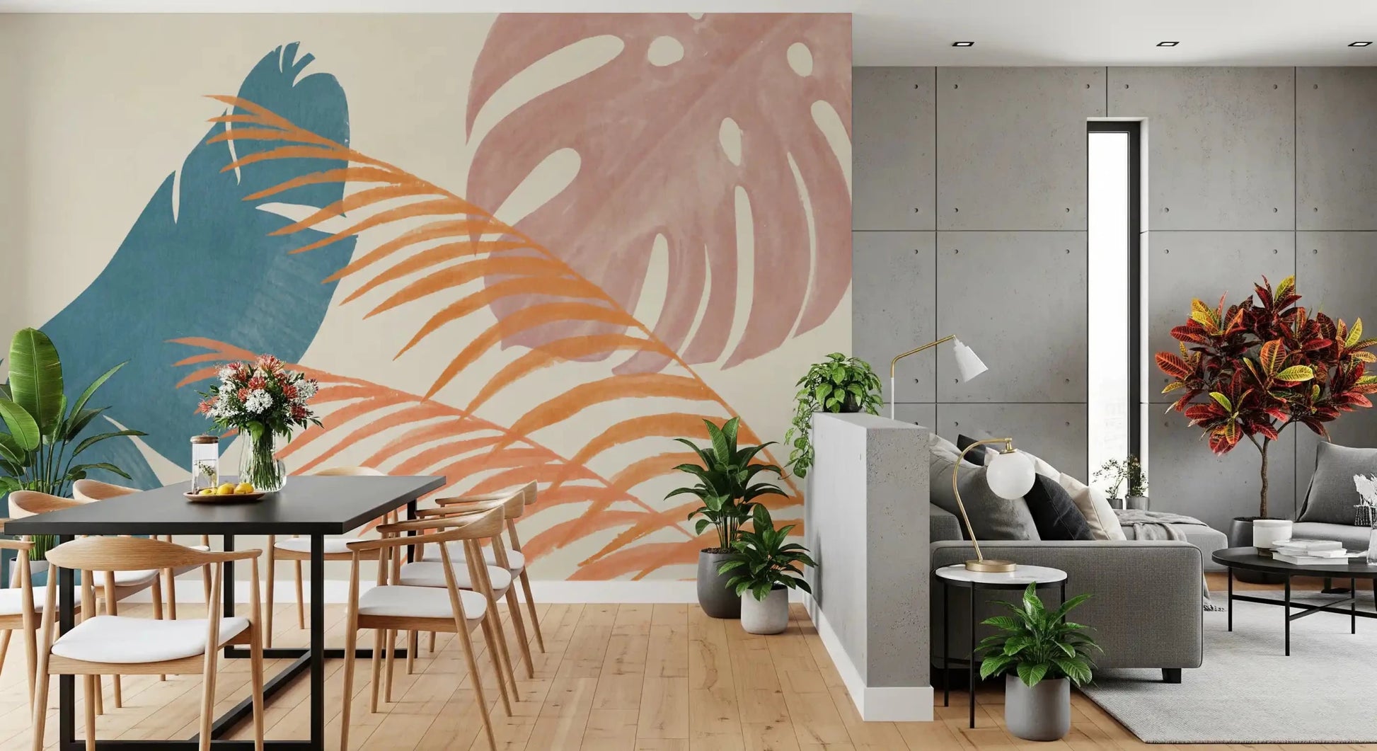 Dining area wall with Mid-Century Foliage Flow wall mural and earthy leaf artwork
