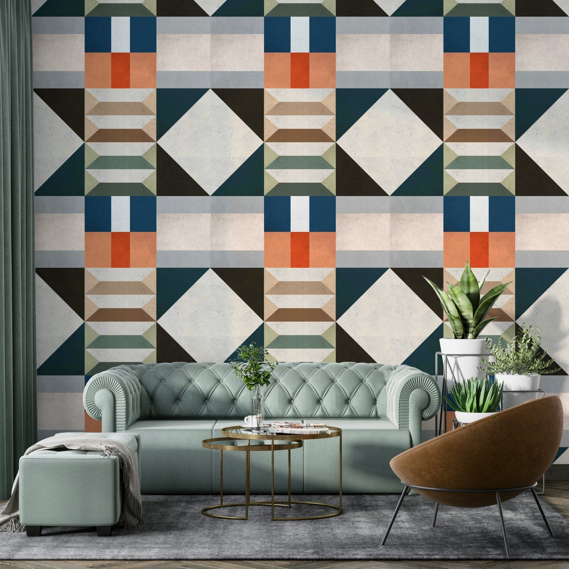 Retro-inspired Mid Century Green wallpaper for living rooms

