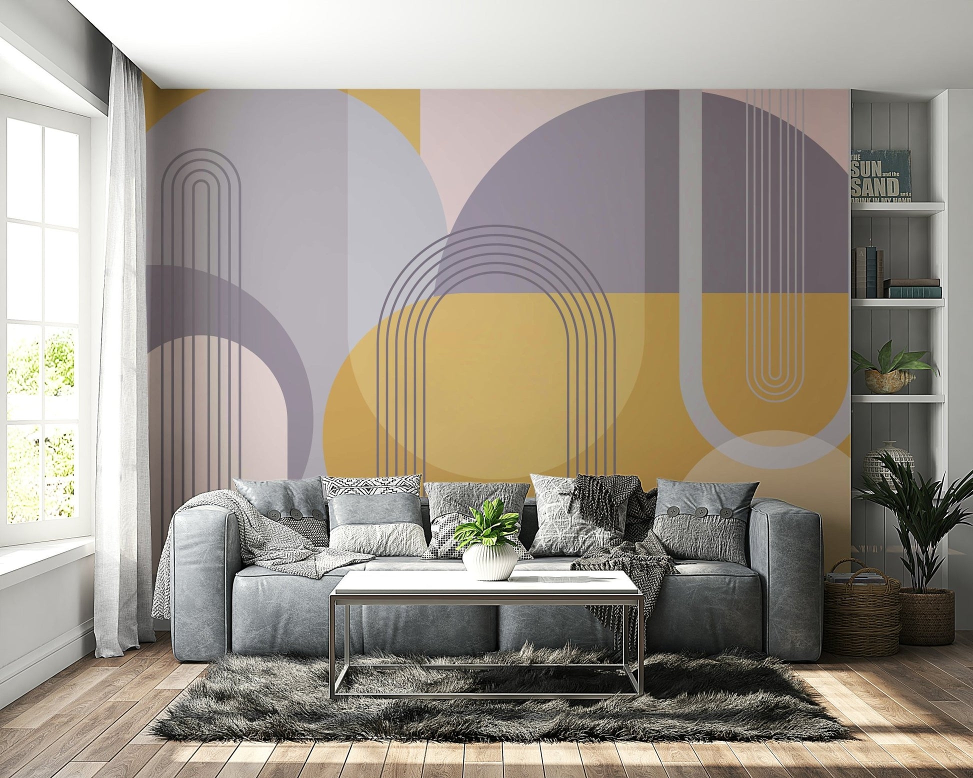 Colorful abstract wall mural in mid-century modern design

