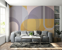 Colorful abstract wall mural in mid-century modern design

