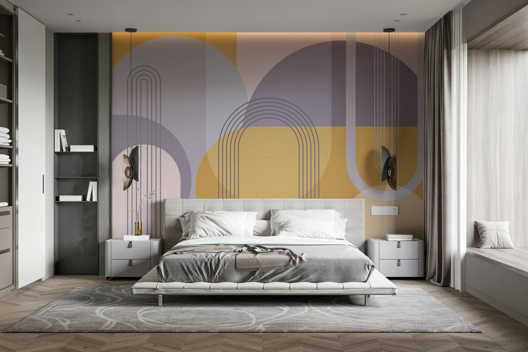 Mid-Century Modern Abstract Wall Mural with geometric shapes, GD1586