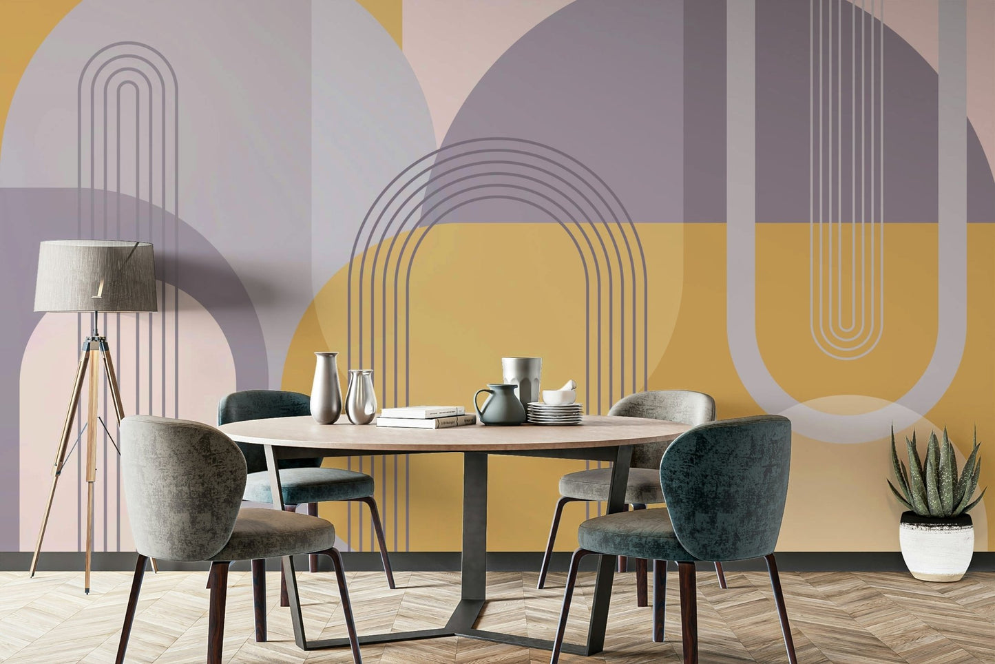 Elegant mid-century modern design wall mural with bold patterns

