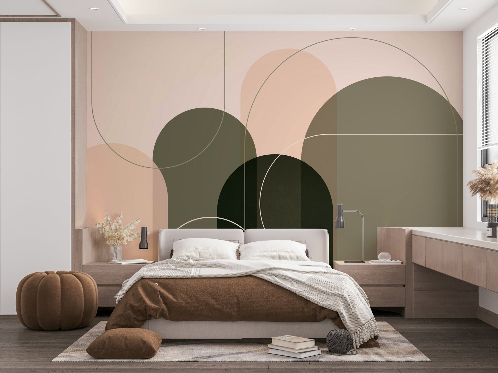 Bold wall mural with mid-century abstract design

