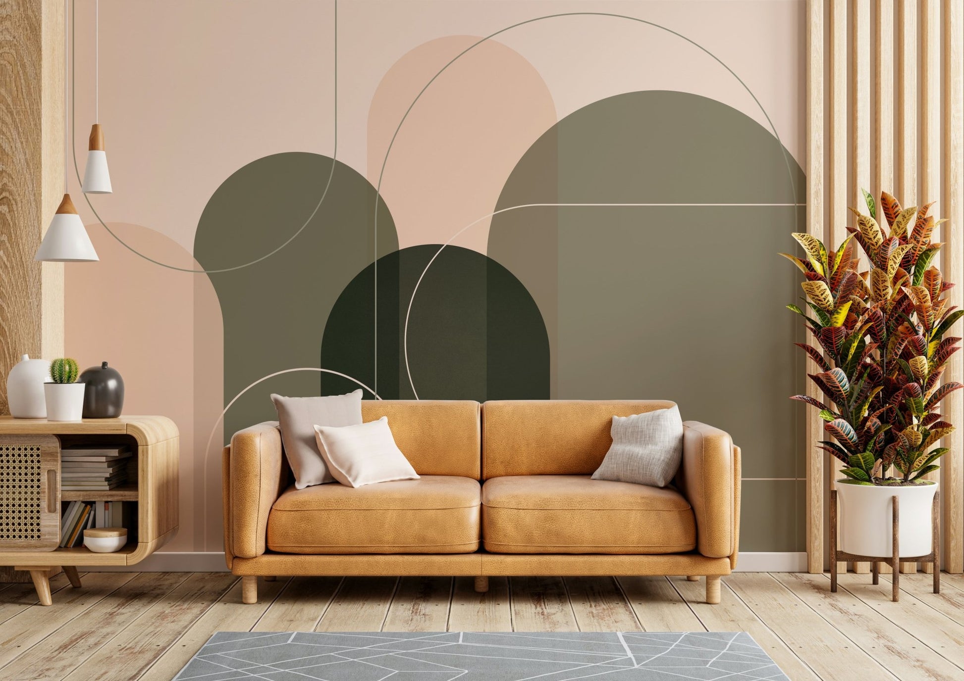 Mid-century modern wall mural with abstract shapes

