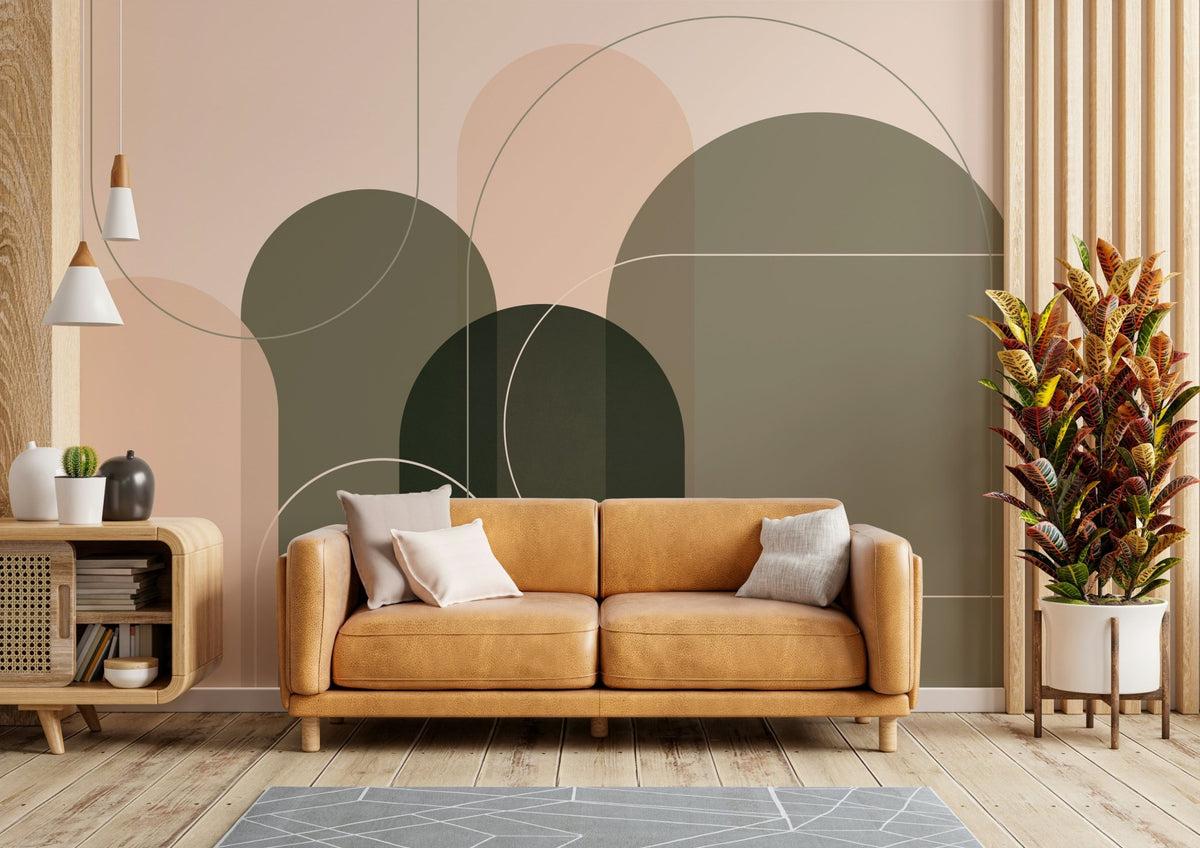 Mid-century modern wall mural with abstract shapes, GD1709