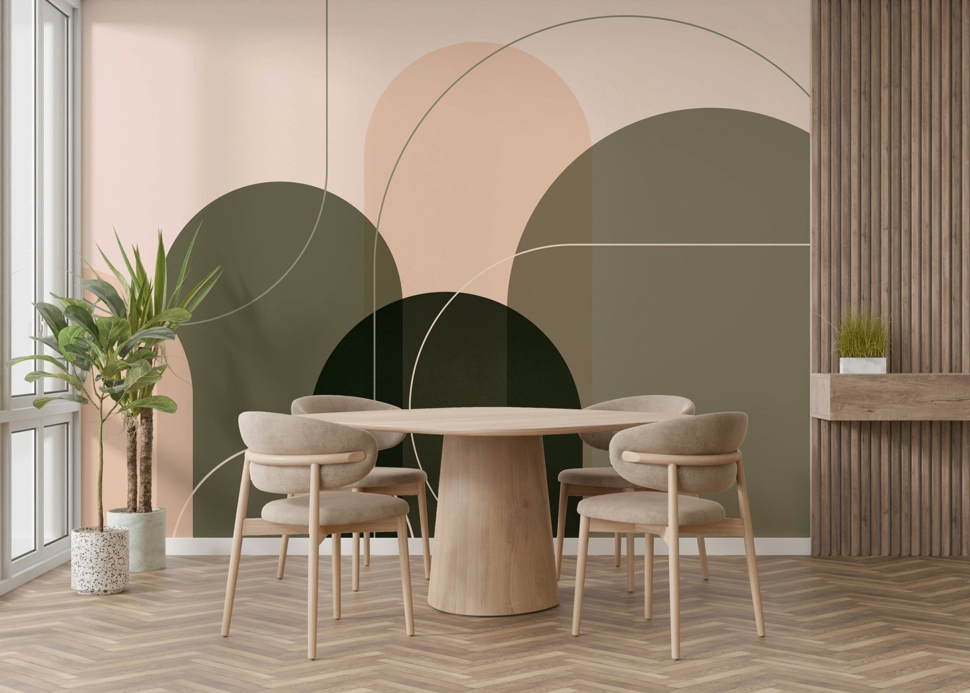 Abstract mural with curved shapes and warm tones

