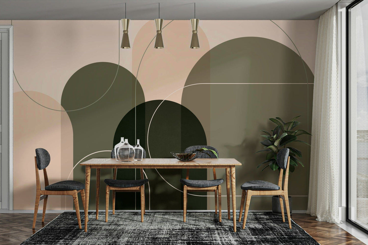 Living space with mid-century abstract mural style

