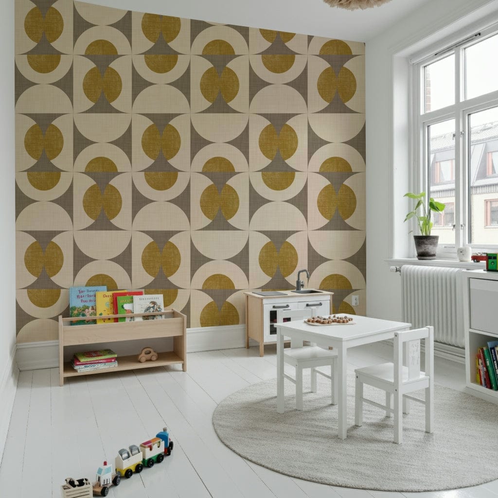 Textured Ochre Geometric Wallpaper Mid-Century Modern Arcs Wallpaper