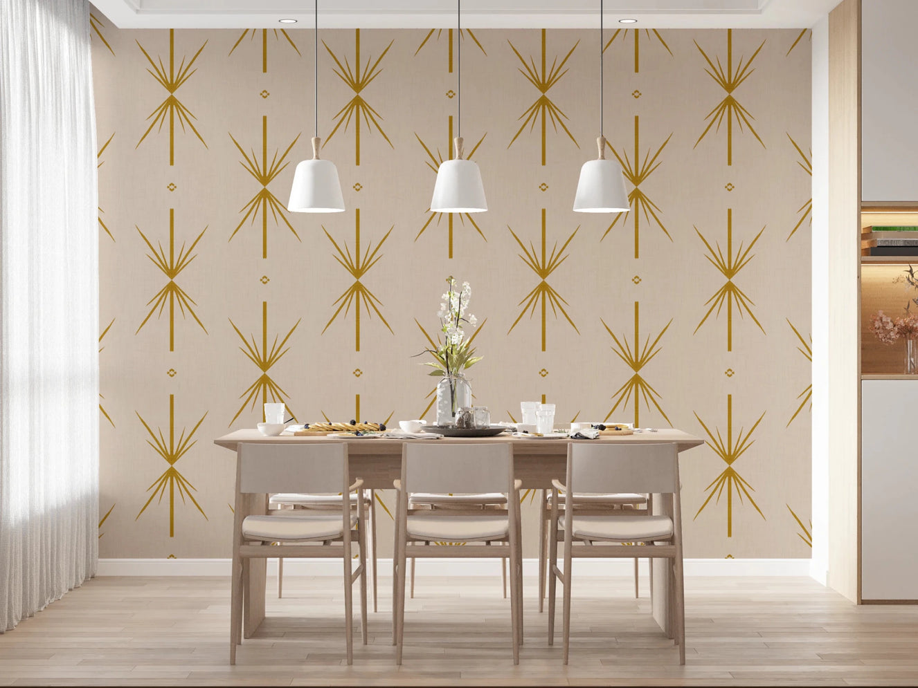 Dining room wall finished in Atomic Starburst wallpaper with retro cross motif