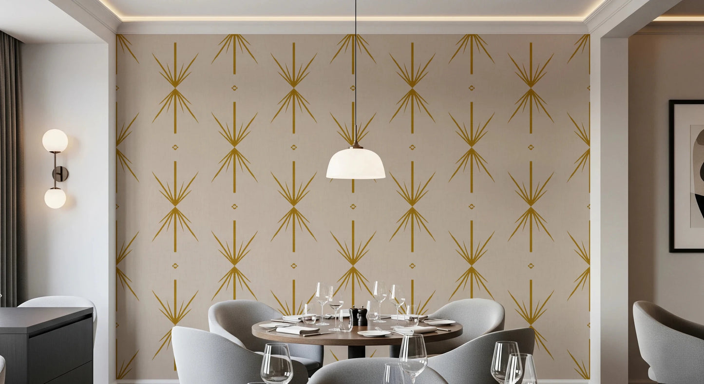 Retro mustard wallpaper with Atomic Starburst motif on a textured light ground, GD8708
