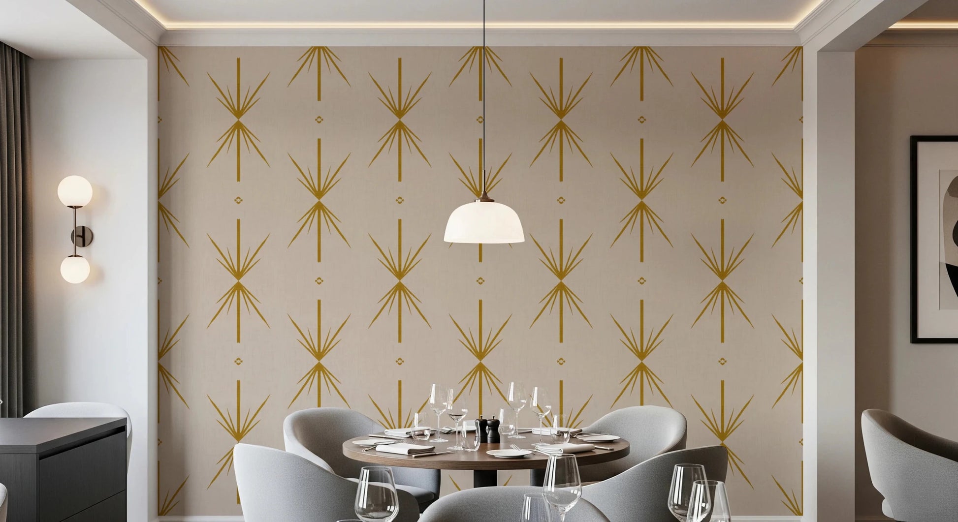 Retro mustard wallpaper with Atomic Starburst motif on a textured light ground, GD8708