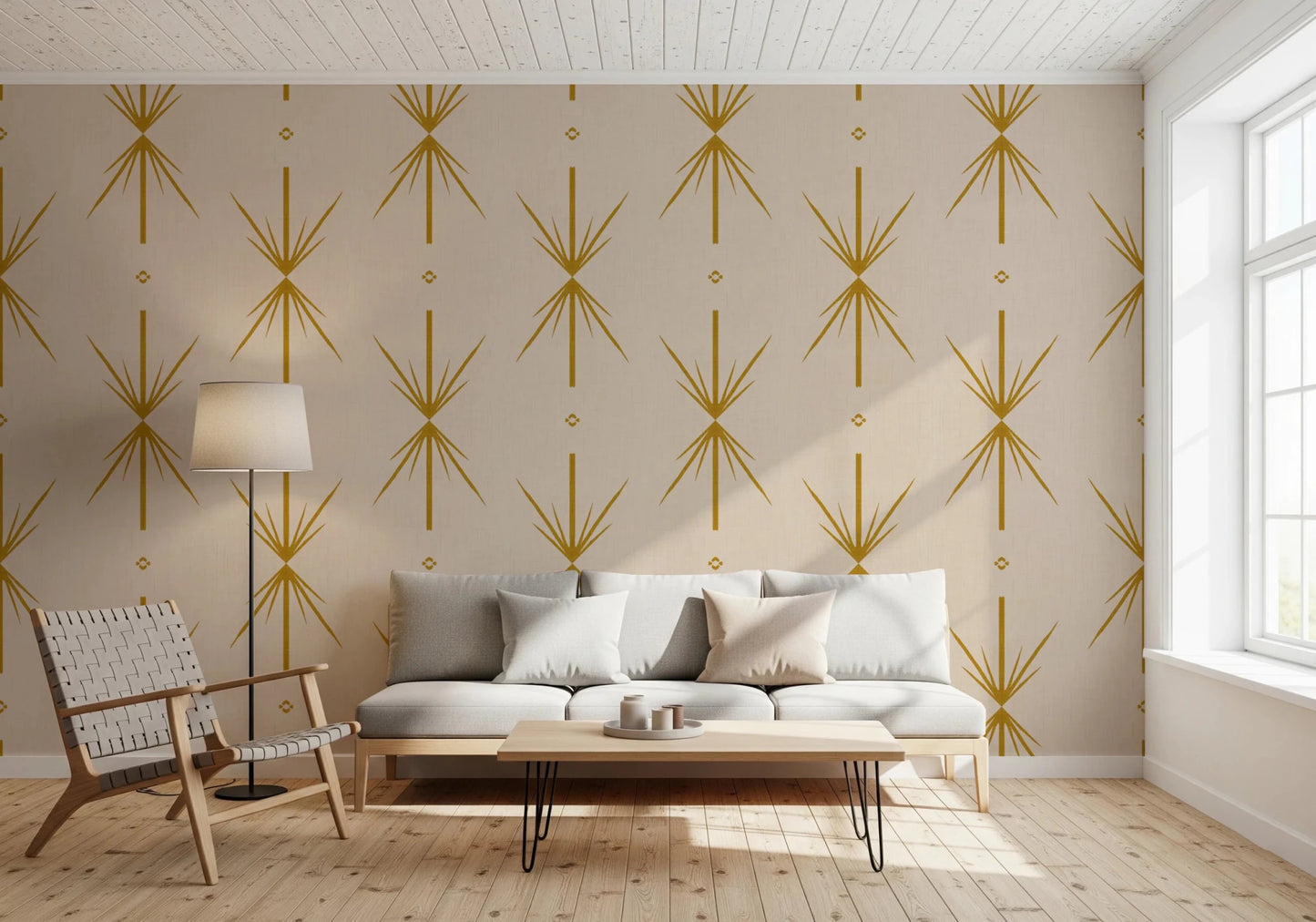 Hallway featuring Mid Century Modern wallpaper with sharp mustard burst lines, GD8708
