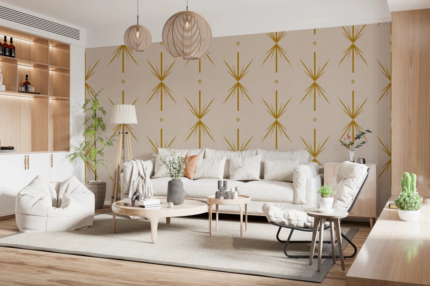 Mid Century Modern Atomic Starburst wallpaper in a living room with mustard accents, GD8708