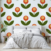Mid-century modern blooms wallpaper with vibrant colors.

