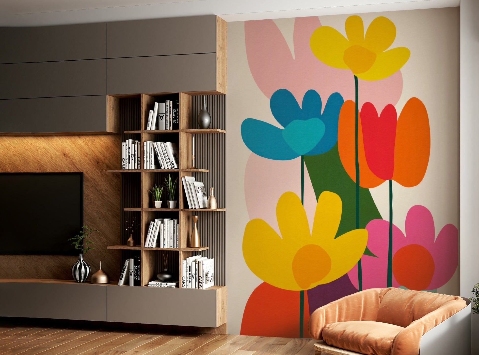 Modern space styled with mid-century floral mural


